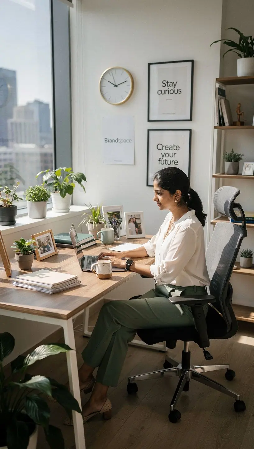 Przestrzeń robocza z naturalnym światłem i zielonymi roślinami.