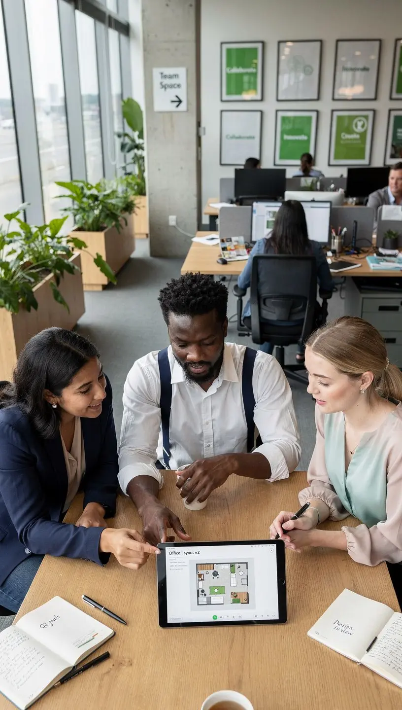 Estetyczne oznakowanie przestrzeni biurowej w kolorach zgodnych z identyfikacją wizualną.