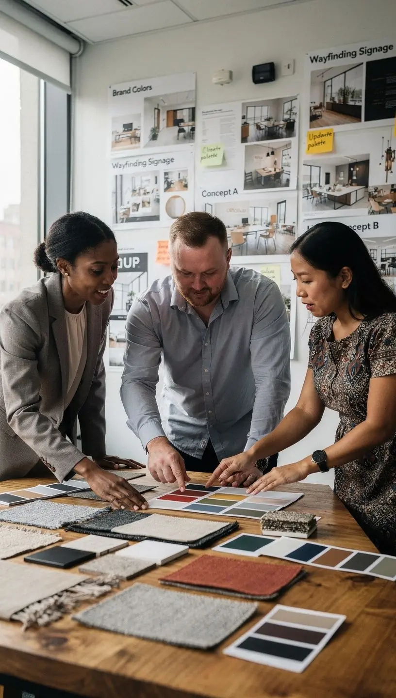 Stylowe biuro z otwartą przestrzenią i różnorodnymi materiałami wykończeniowymi.