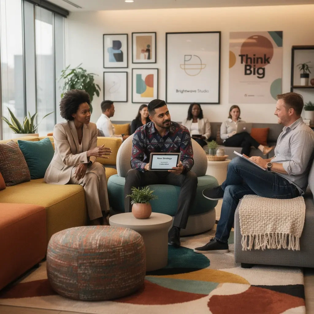 Nowoczesne biuro z ergonomicznymi meblami w kolorach marki.